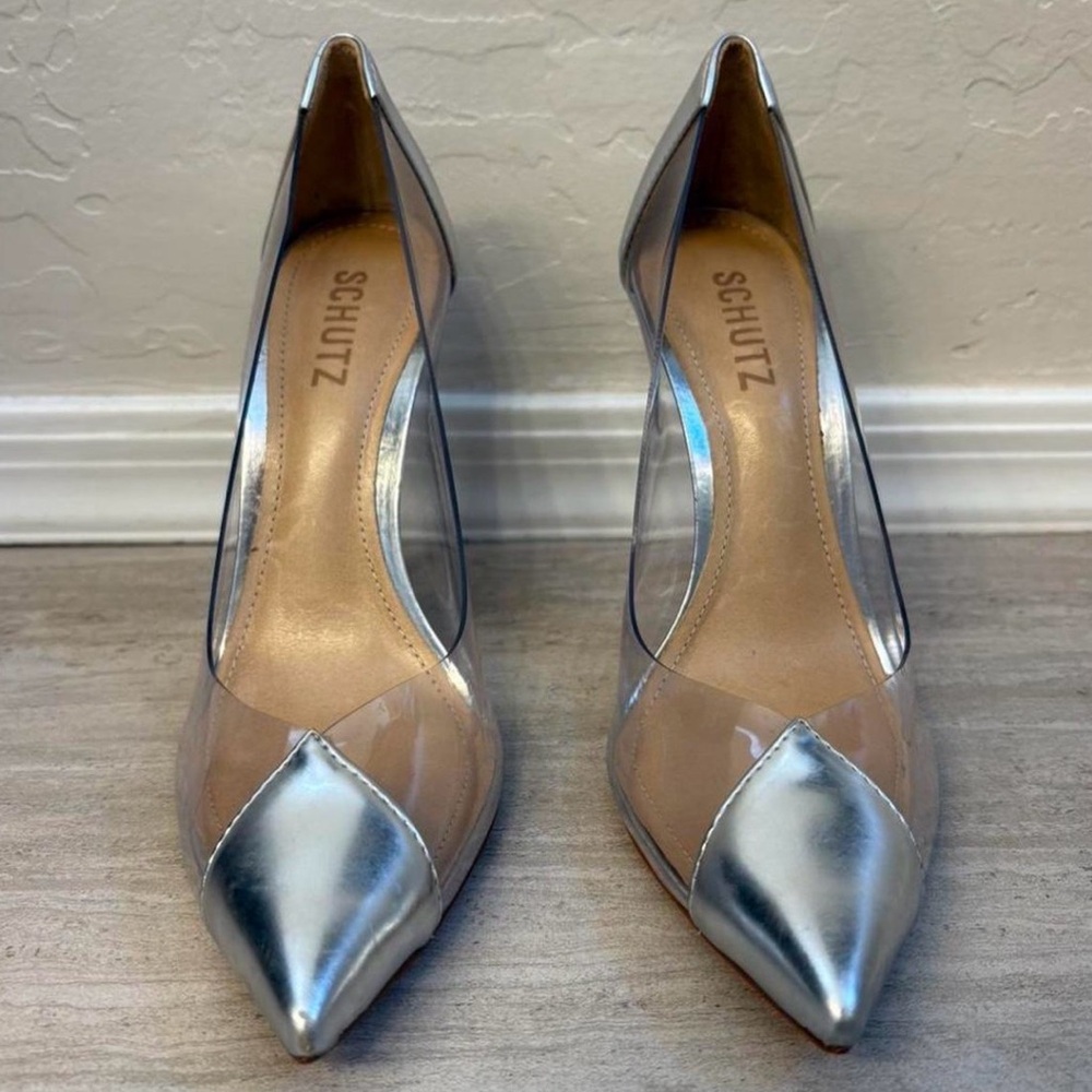 SCHUTZ Silver Metallic Pointed-Toe Clear Pump